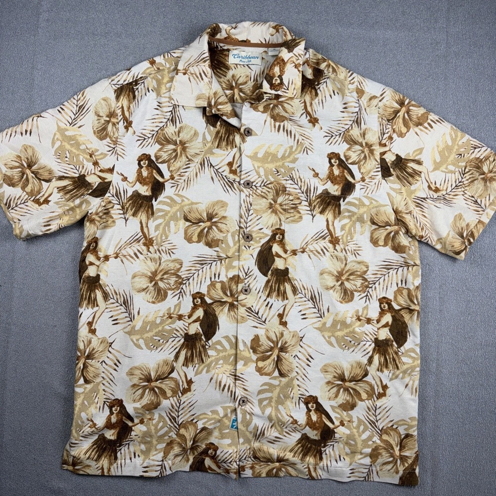 Caribbean Pure Silk Hula Girls Men's Medium Tan Floral Short Sleeve Button Down.